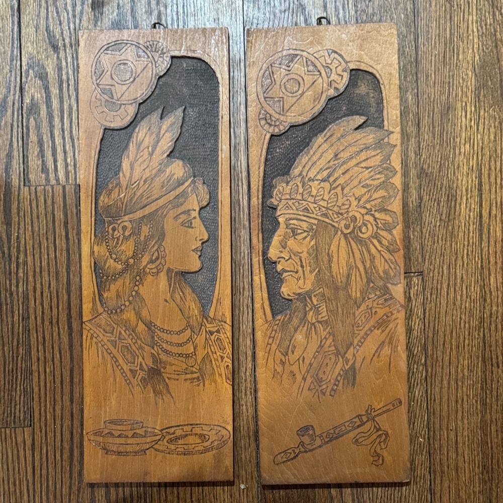 Native American Lot of 2 Vintage Antique Flemish Pyrography Plaque